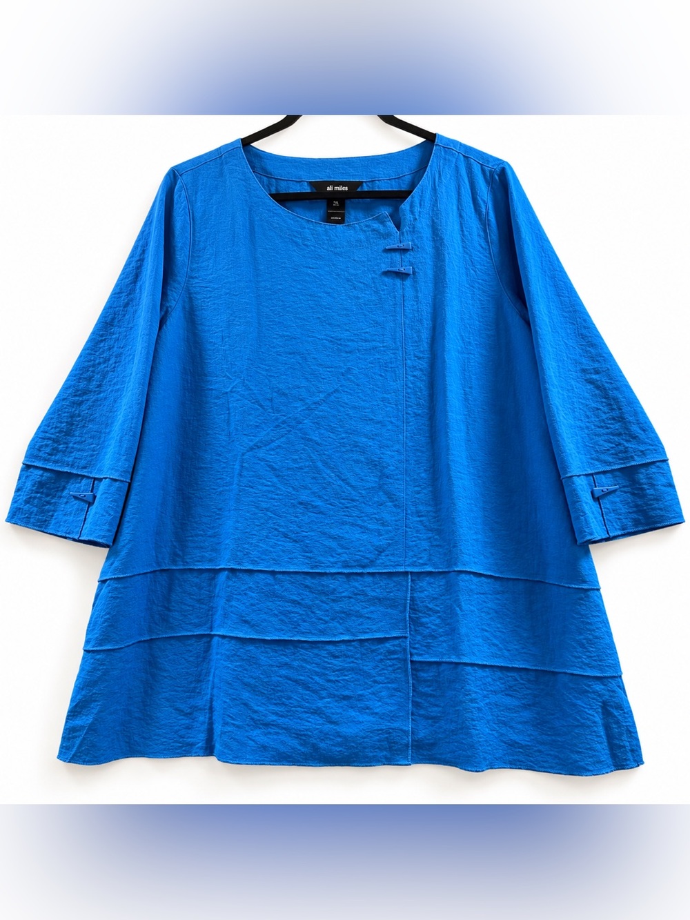 Ali Miles XL Blue Crinkle Lagenlook Tunic Top Art to Wear Layered Hem